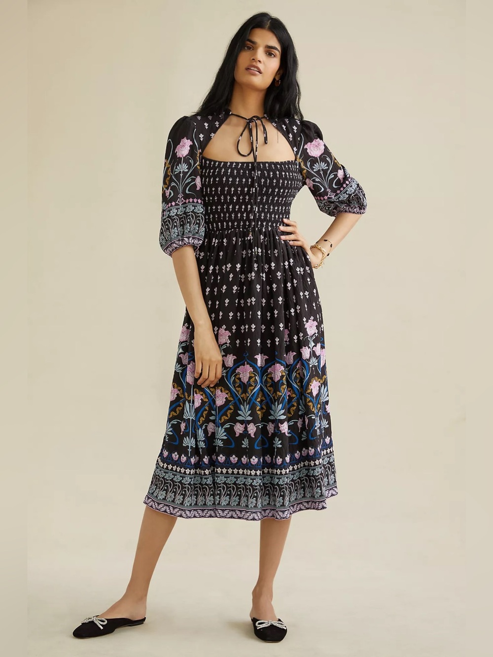 Anthropologie - Dasha Smocked Midi Dress with Pink & Purple Floral Print - M